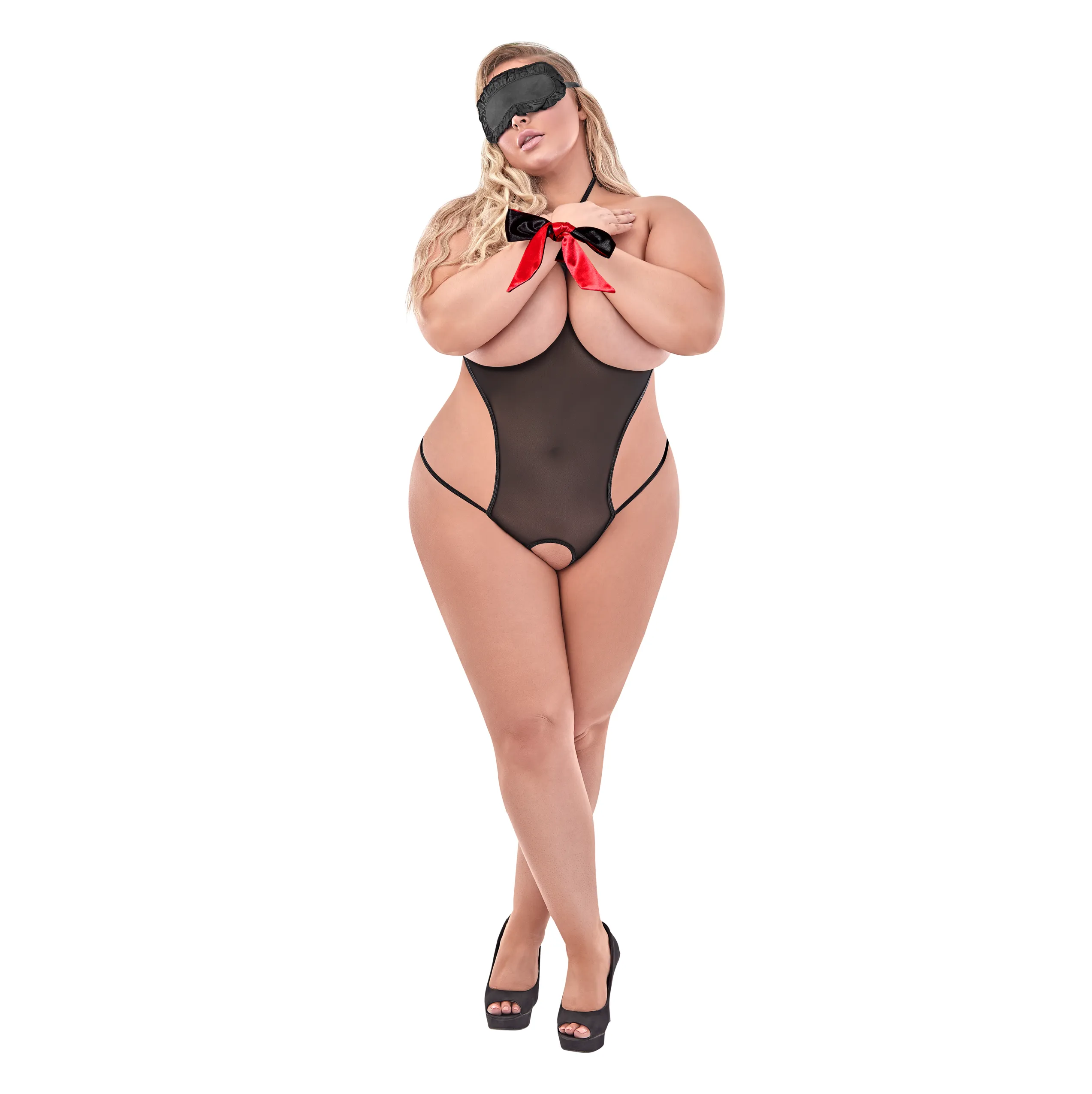 Love & Bondage Sheer Mesh Teddy w/2 pc Bondage Set Red Plus