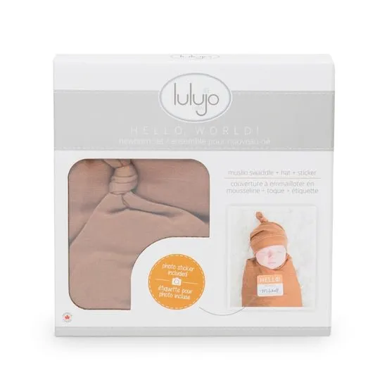 Lulujo Hello World Hat & Swaddle Sets - Tan
