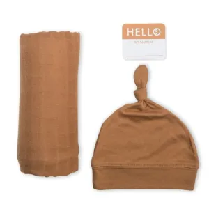Lulujo Hello World Hat & Swaddle Sets - Tan