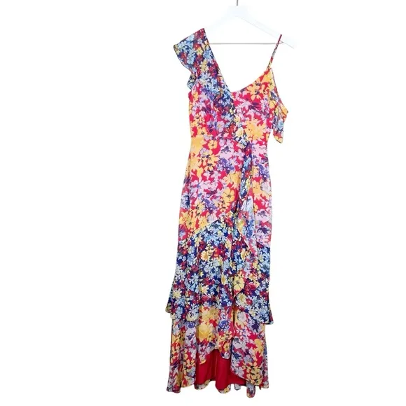 Lulus Womens Radiant Ruby Red Floral Print Chiffon Maxi Dress Size Small