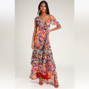 Lulus Womens Radiant Ruby Red Floral Print Chiffon Maxi Dress Size Small