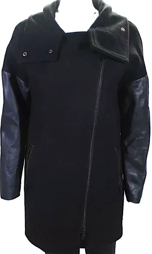 Mackage Black Wool Front Zip Leather Trim Collared Jacket