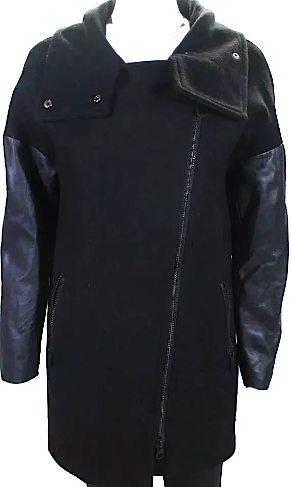 Mackage Black Wool Front Zip Leather Trim Collared Jacket