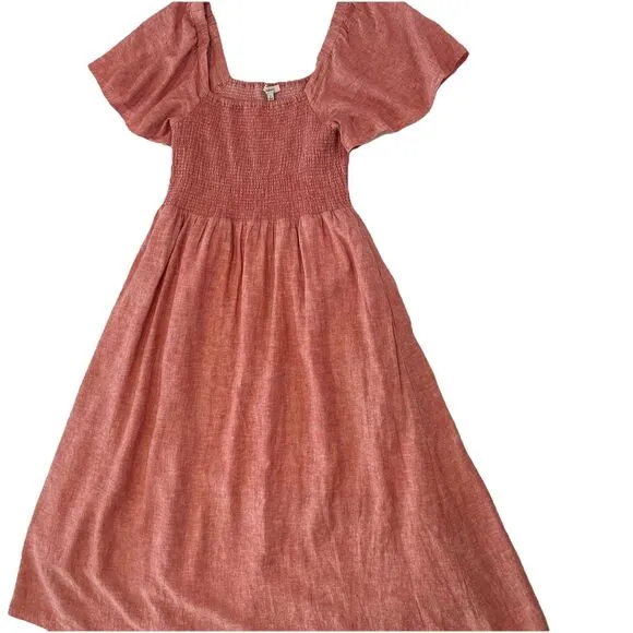 Madewell Lucie Smocked Linen Blend Midi Dress Sz M