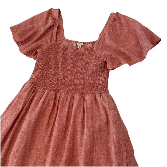 Madewell Lucie Smocked Linen Blend Midi Dress Sz M