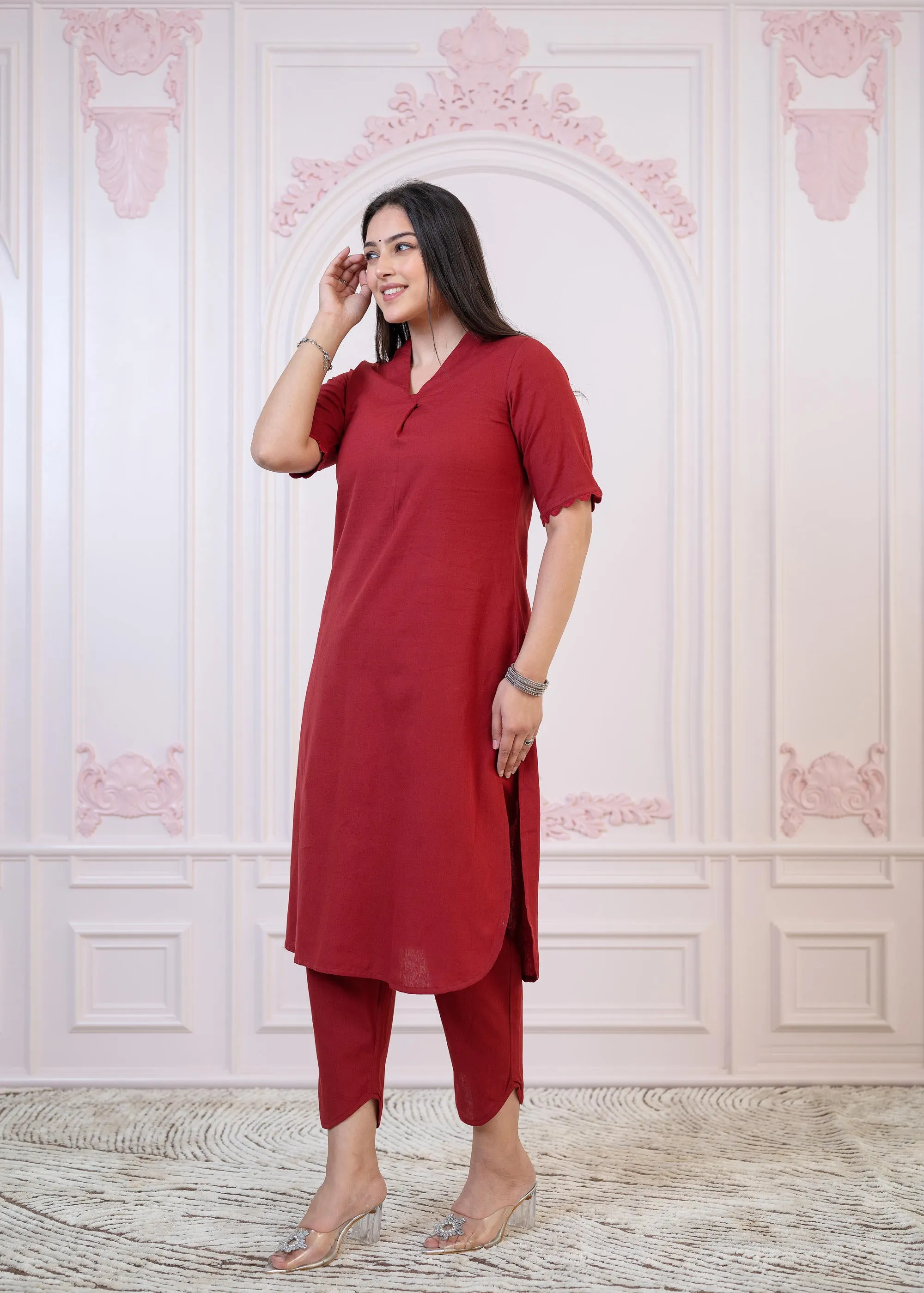 Maroon Cotton Linen Pleated Kurta-Pant Set with Cotton Lace