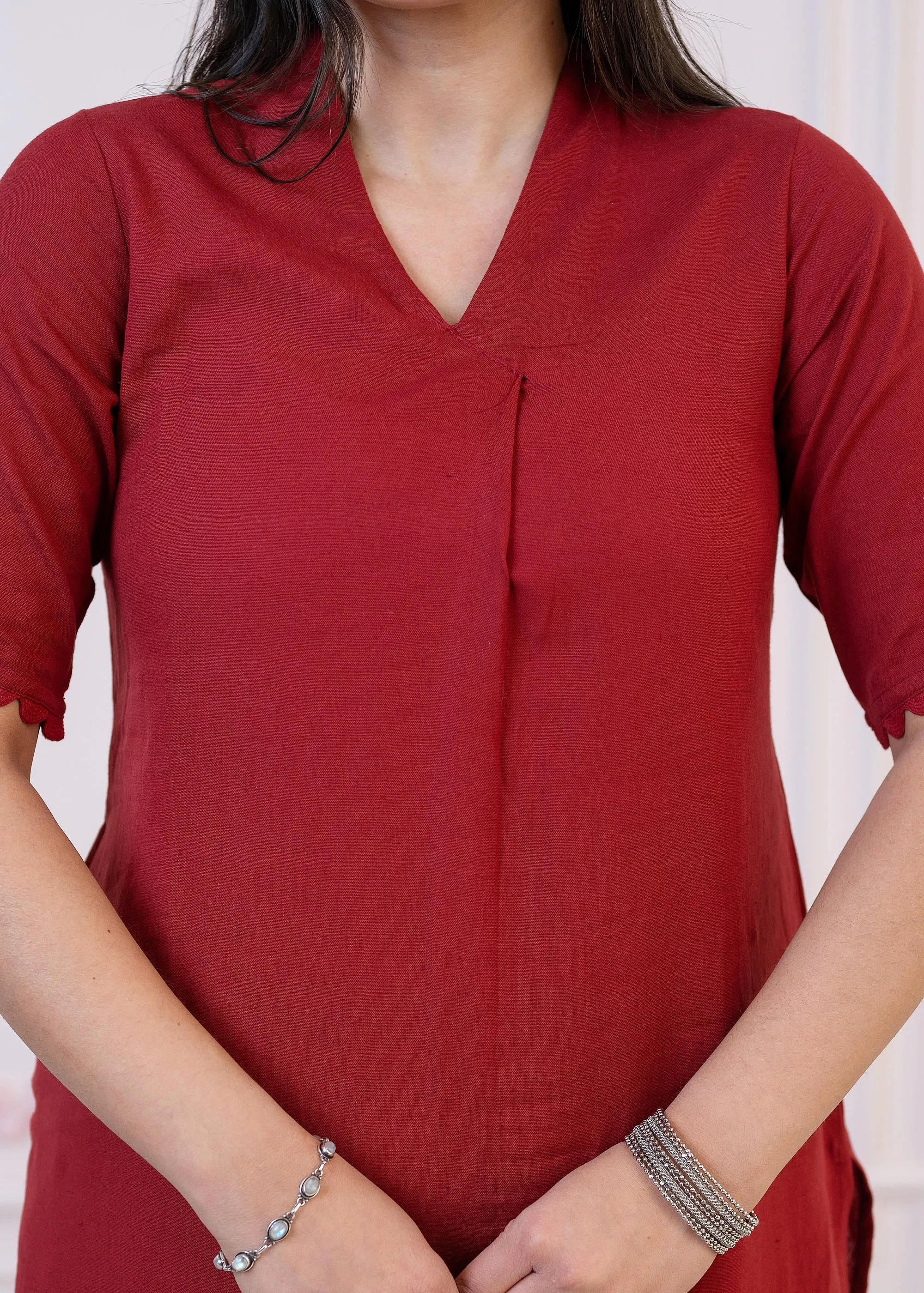 Maroon Cotton Linen Pleated Kurta-Pant Set with Cotton Lace