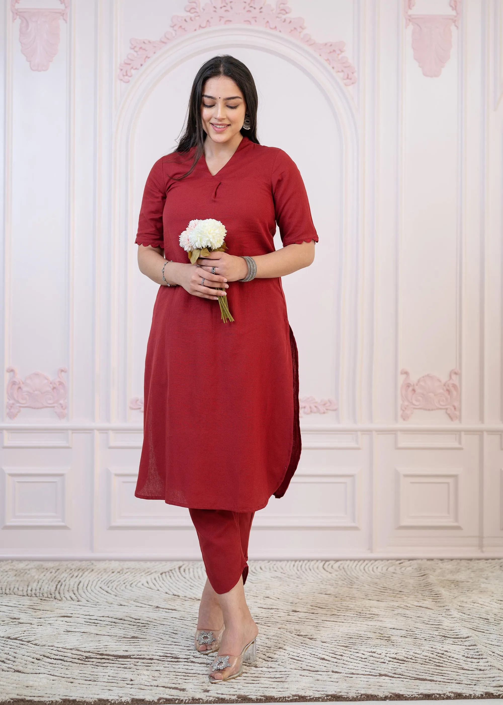 Maroon Cotton Linen Pleated Kurta-Pant Set with Cotton Lace