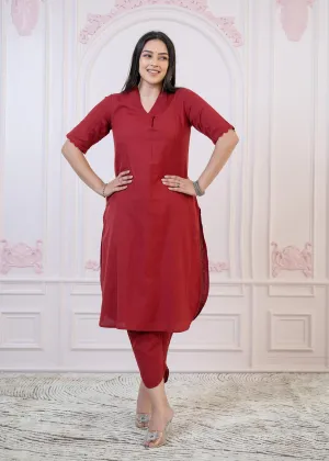Maroon Cotton Linen Pleated Kurta-Pant Set with Cotton Lace