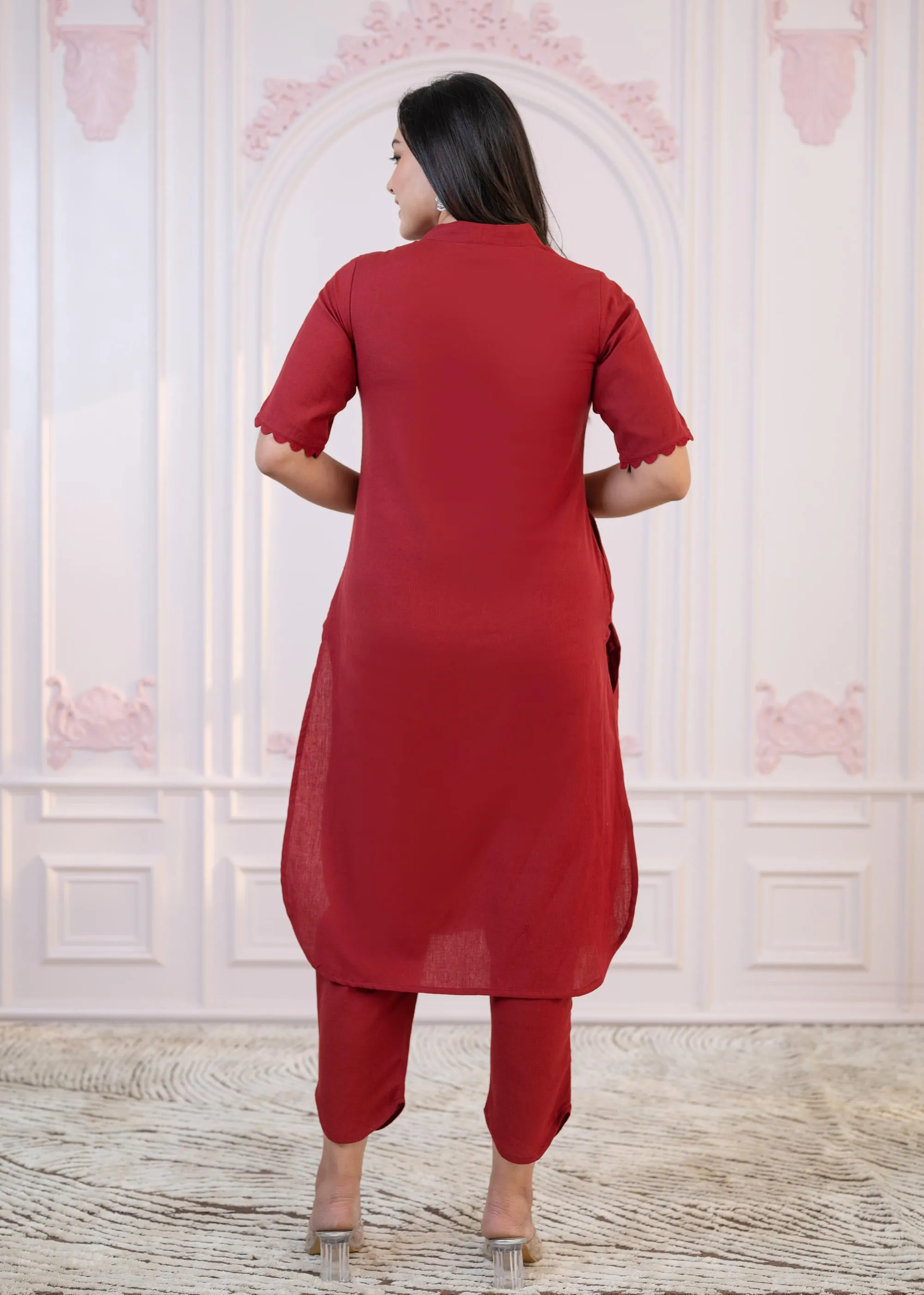 Maroon Cotton Linen Pleated Kurta-Pant Set with Cotton Lace