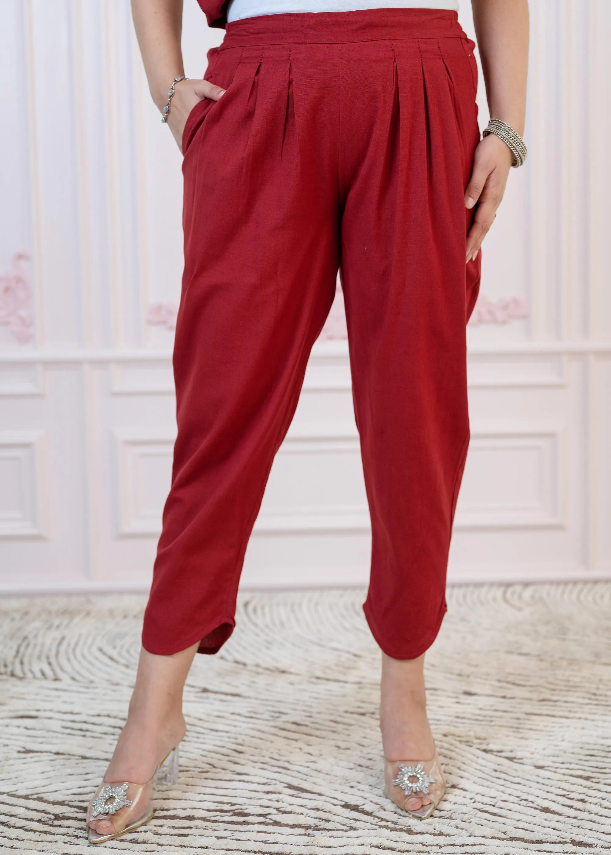 Maroon Cotton Linen Pleated Kurta-Pant Set with Cotton Lace