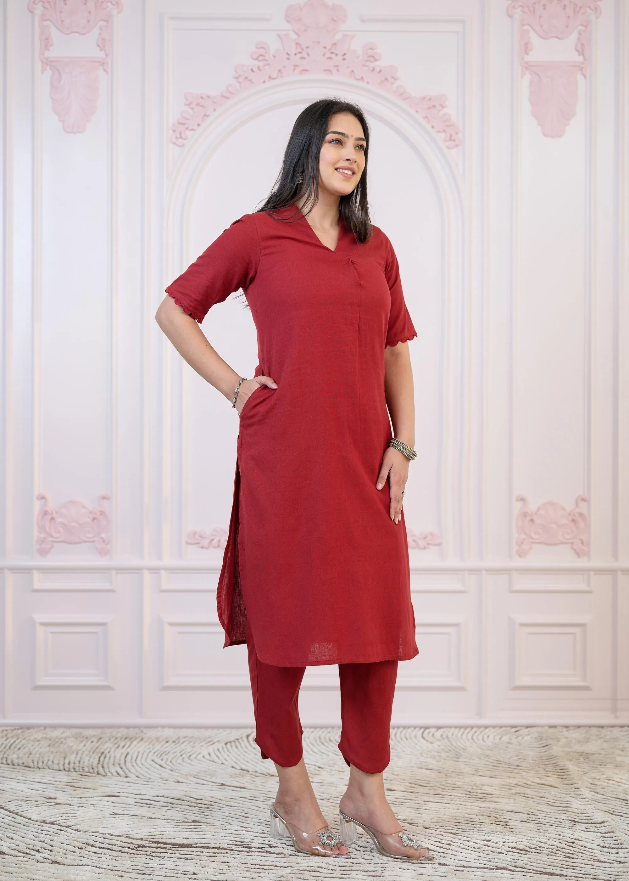 Maroon Cotton Linen Pleated Kurta-Pant Set with Cotton Lace