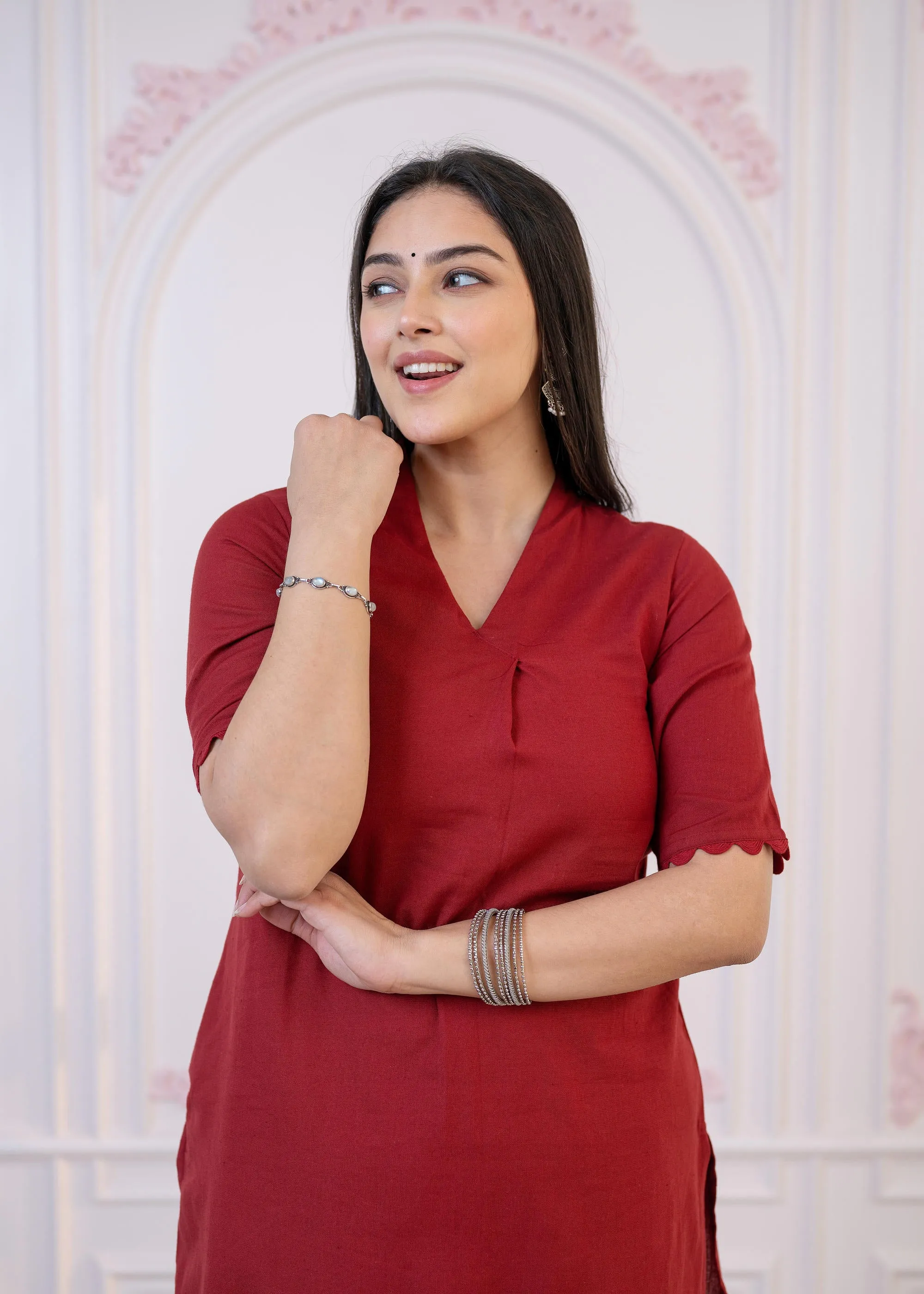 Maroon Cotton Linen Pleated Kurta-Pant Set with Cotton Lace