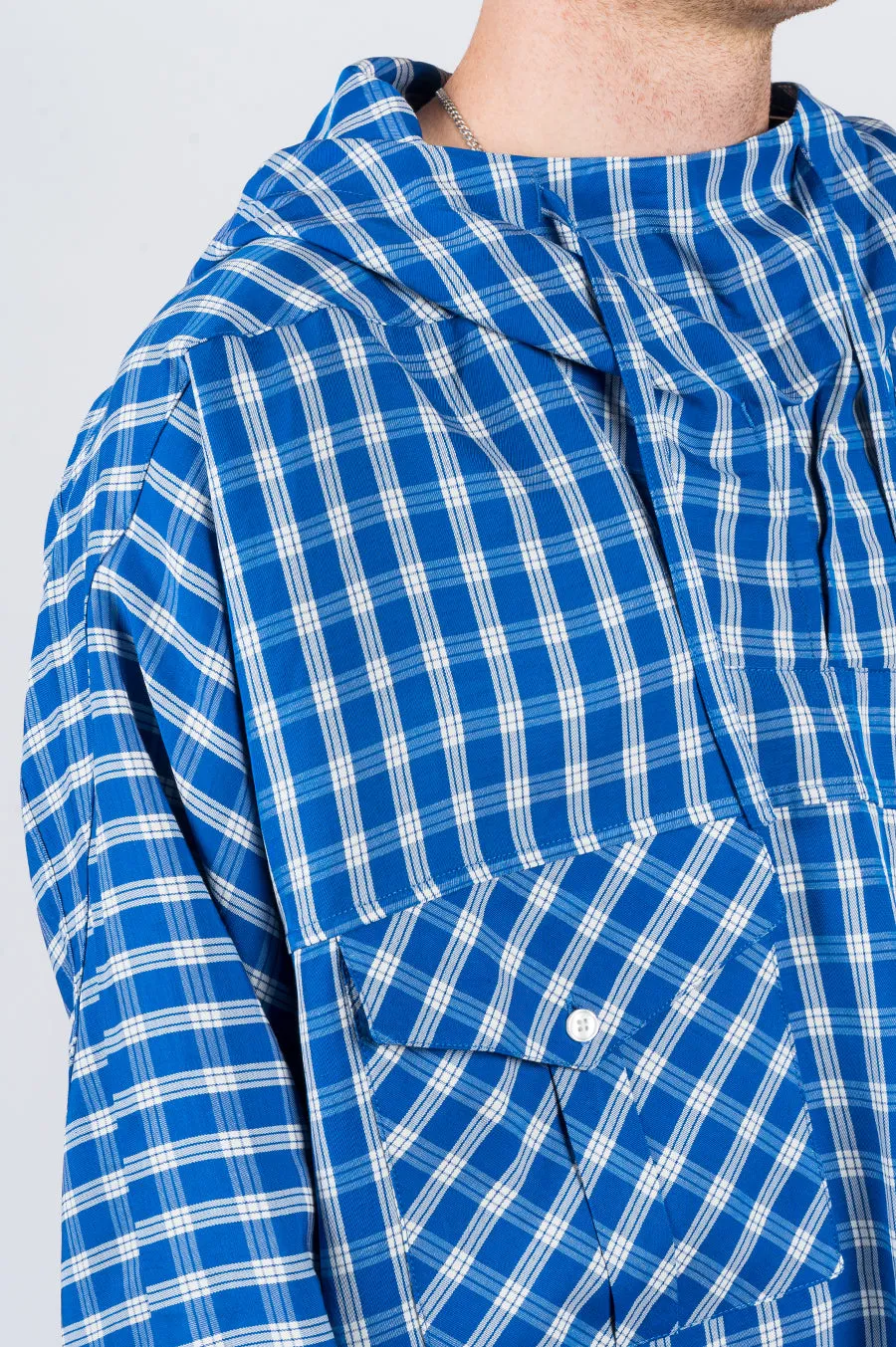 MARTINE ROSE BRIGHT CHECK HOODED SHIRT BLUE