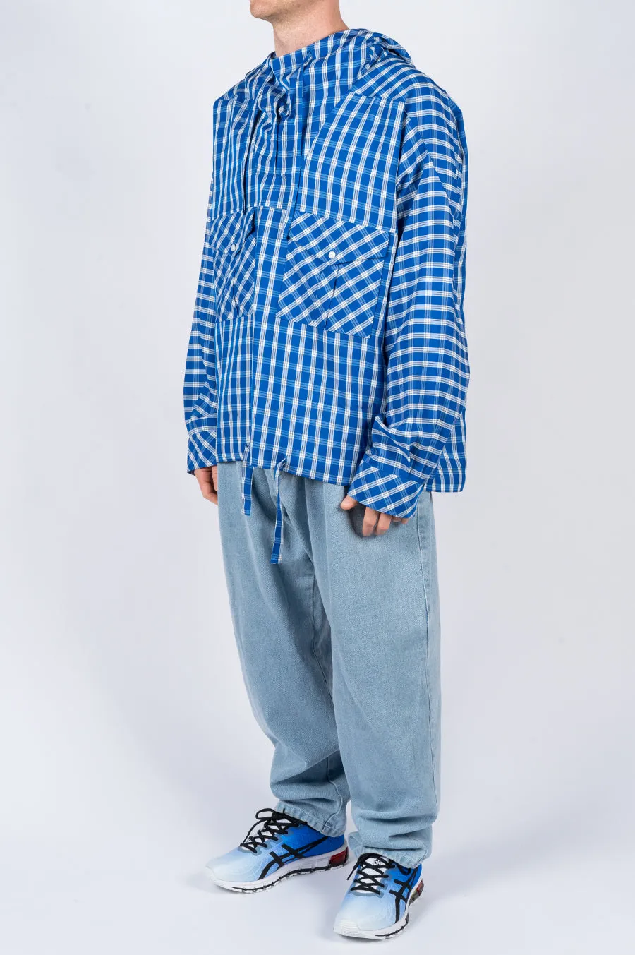 MARTINE ROSE BRIGHT CHECK HOODED SHIRT BLUE