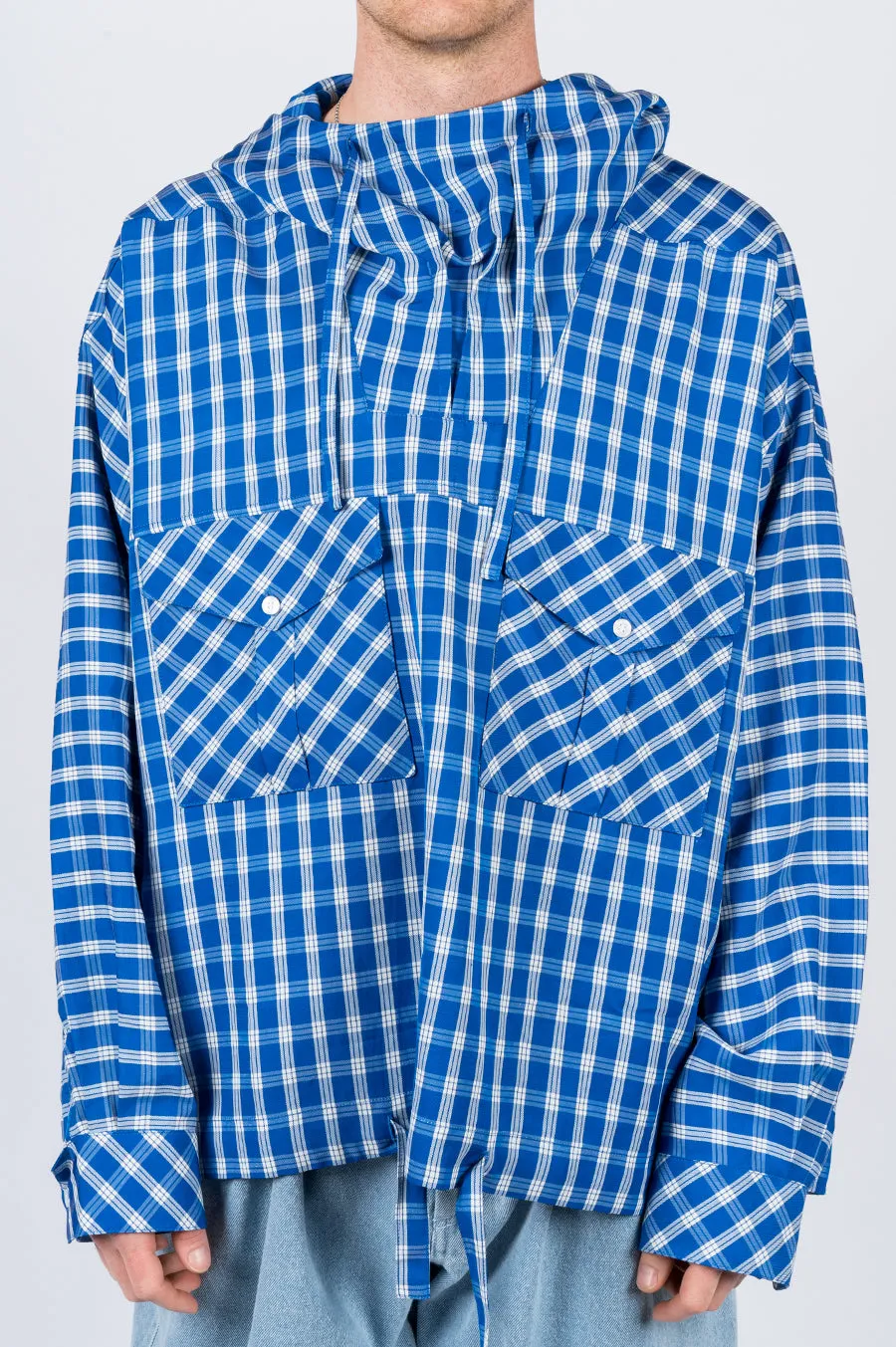 MARTINE ROSE BRIGHT CHECK HOODED SHIRT BLUE