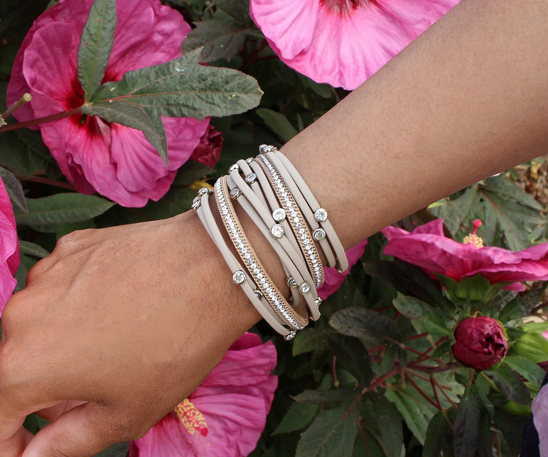 Matte Tan Bezel Rhinestone Double Wrap Bracelet