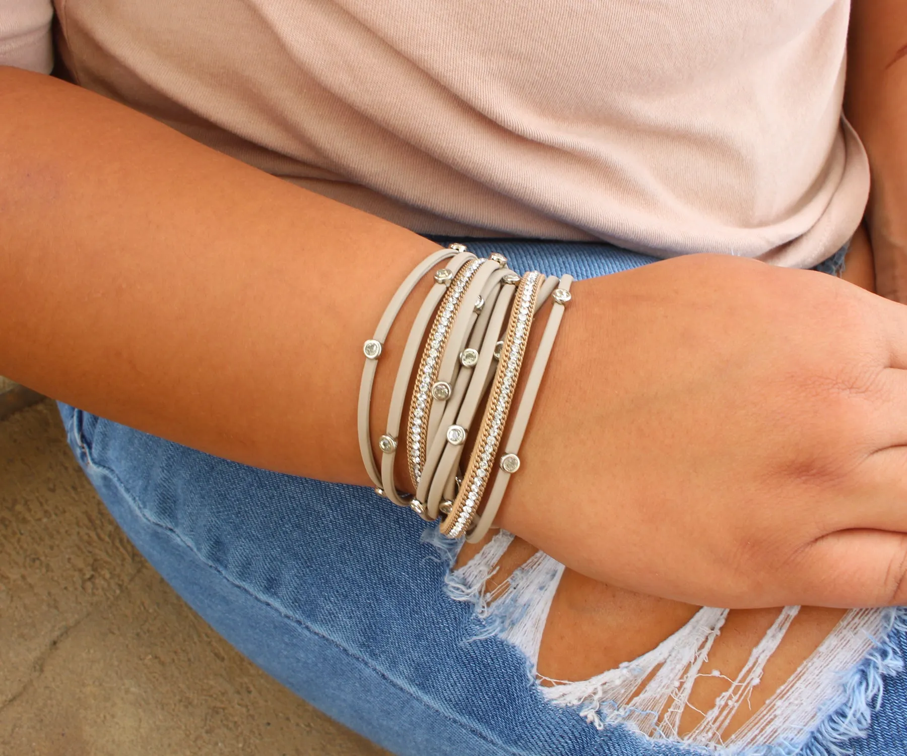 Matte Tan Bezel Rhinestone Double Wrap Bracelet