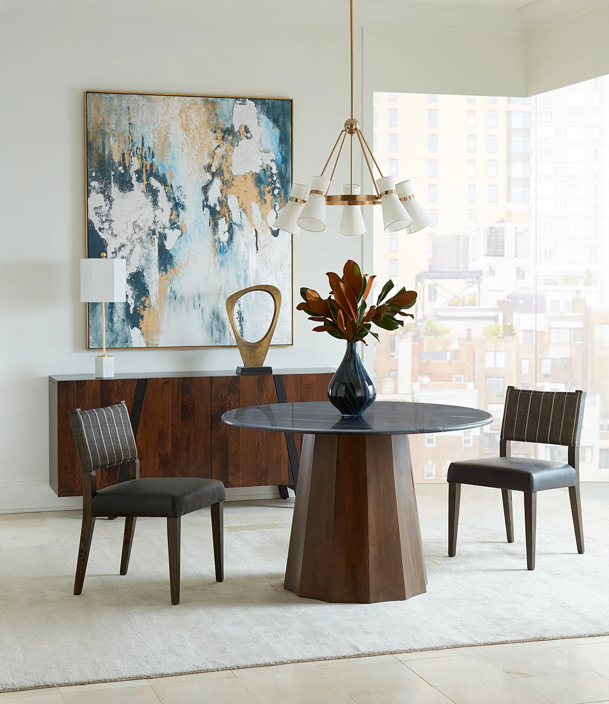 Maya Dining Chair Black Leather   Striped Fabric