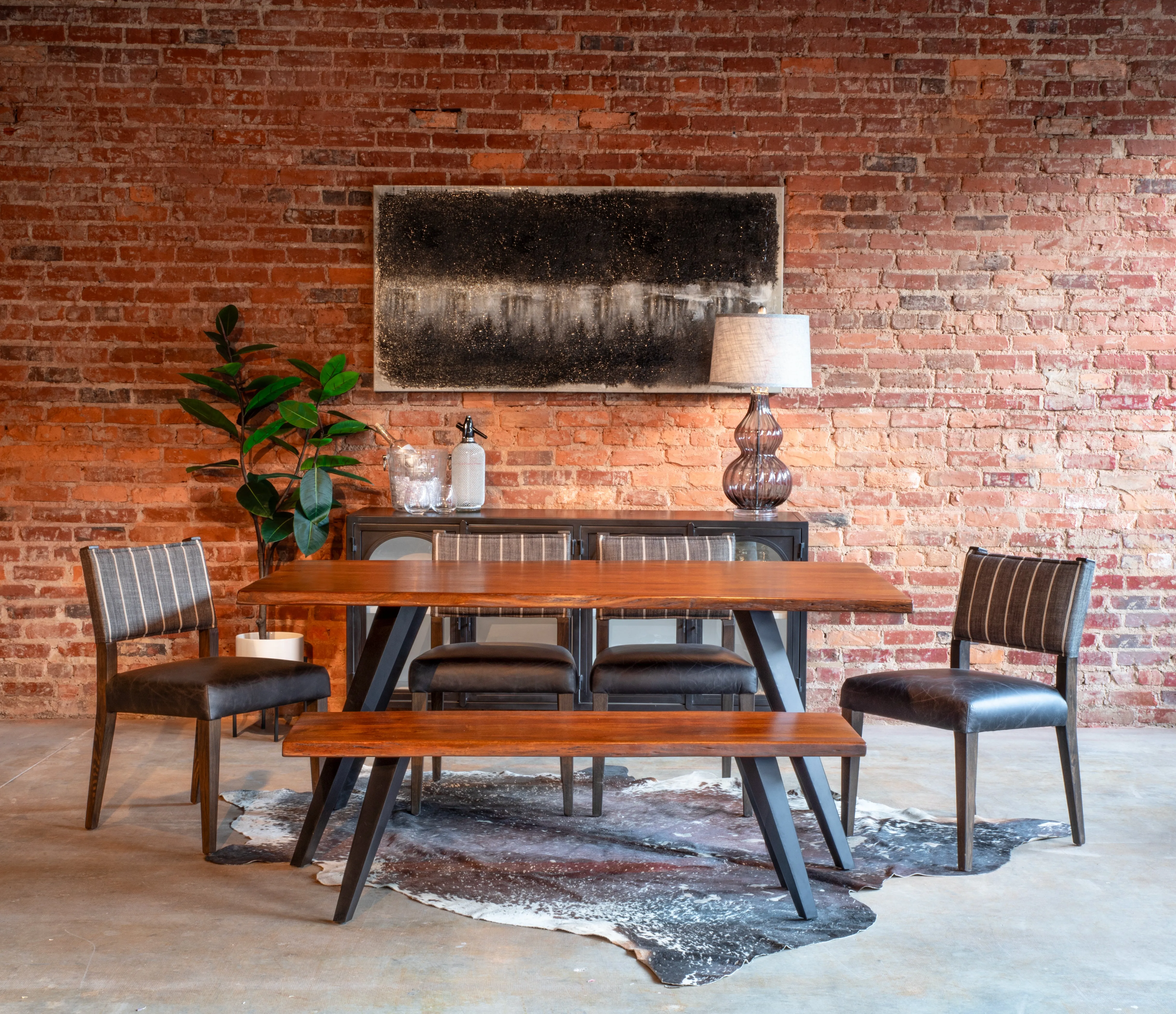 Maya Dining Chair Black Leather   Striped Fabric