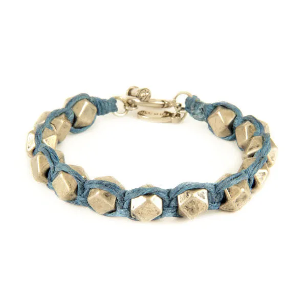 Mens Denim Waxed Linen Bracelet with Large Faceted Beads
