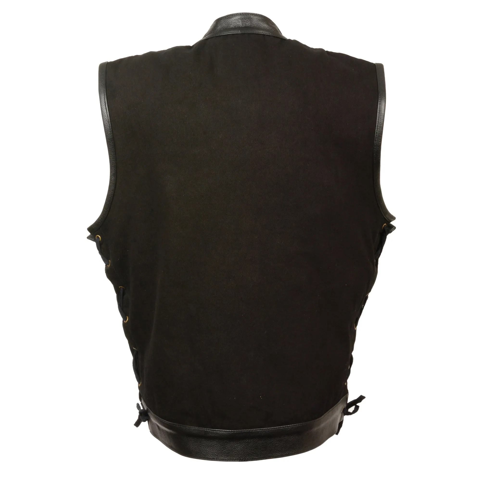 Men's Side Lace Denim Vest w/ Leather Trim & Hidden Zipper
