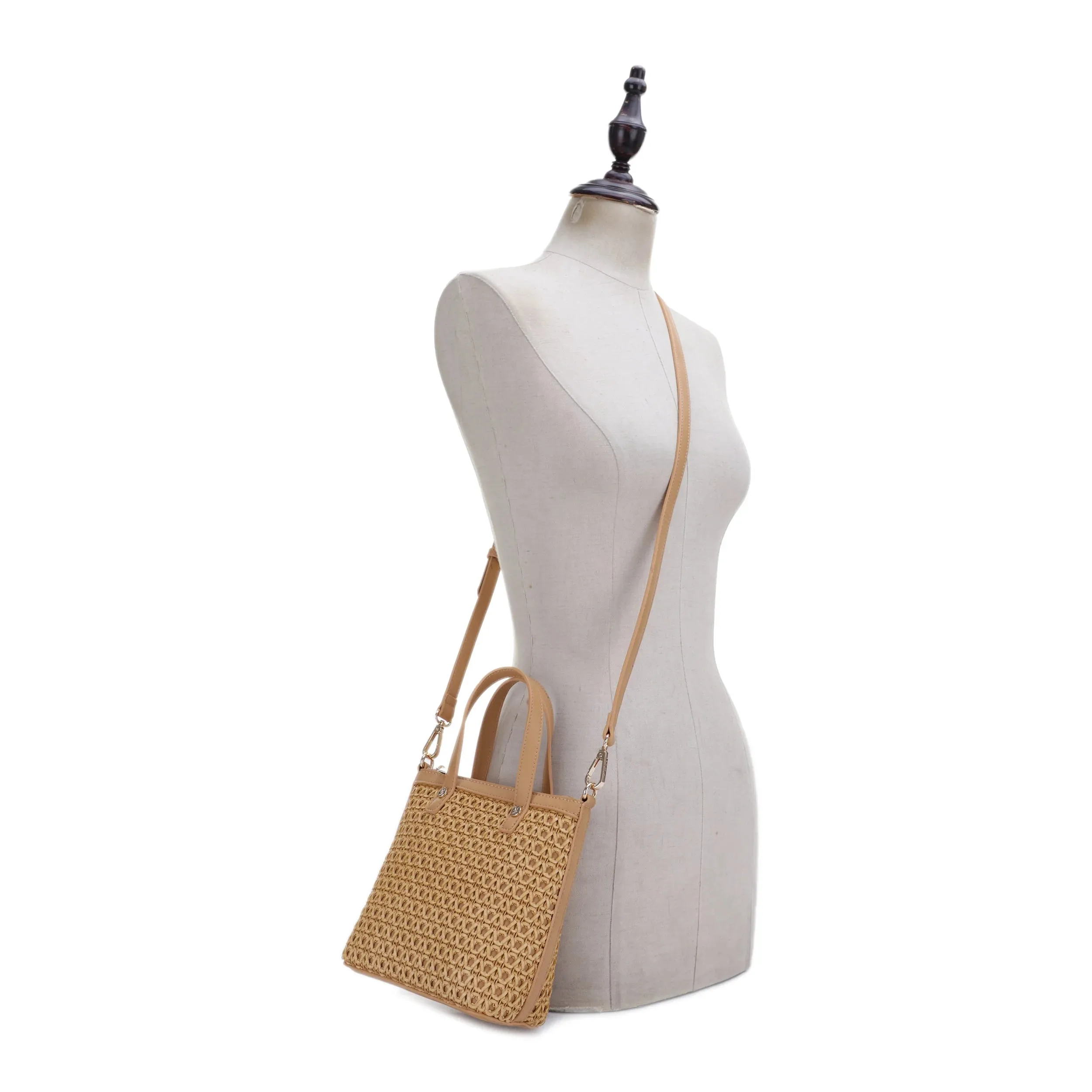 Mia Rattan Mini Tote Crossbody Tan