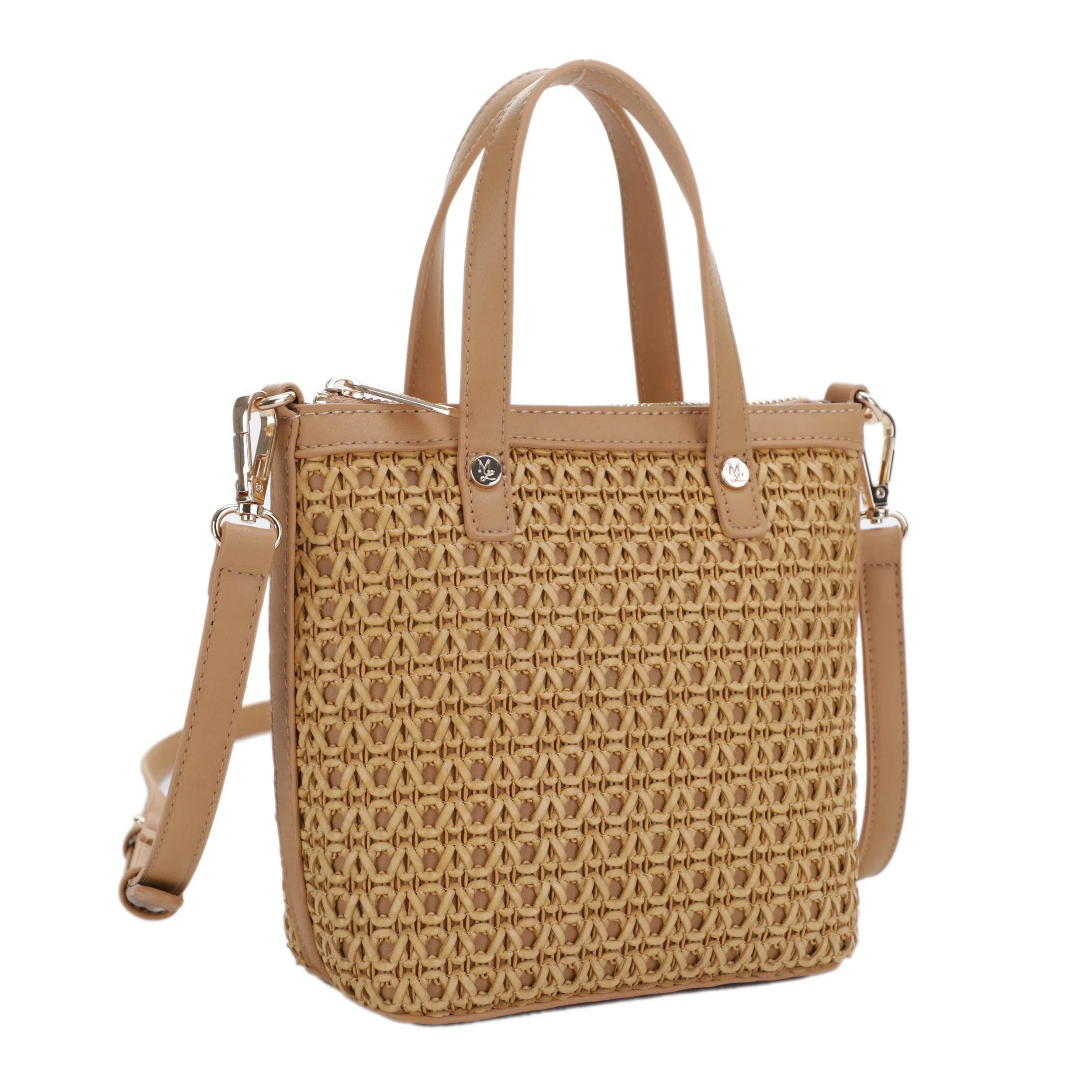 Mia Rattan Mini Tote Crossbody Tan