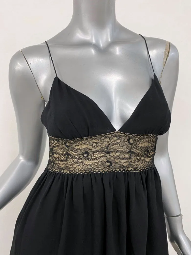 Michael Kors Babydoll Dress Black Lace-Trim Silk Size 4 Crisscross Straps