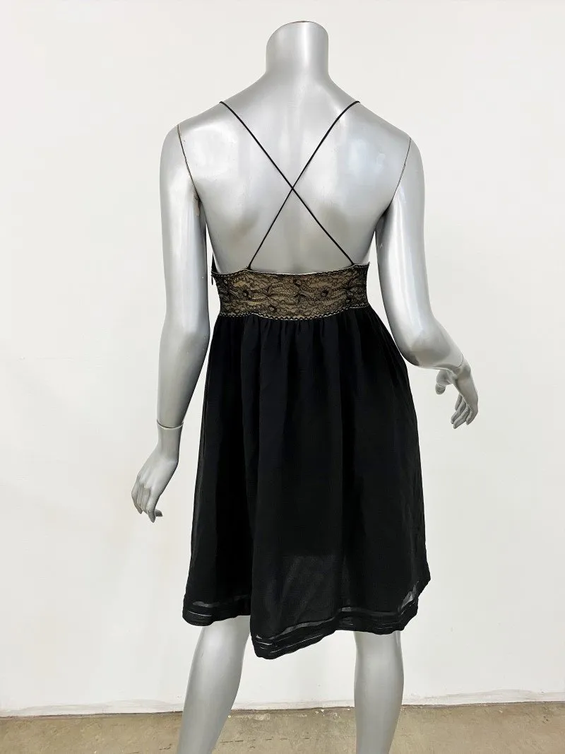 Michael Kors Babydoll Dress Black Lace-Trim Silk Size 4 Crisscross Straps