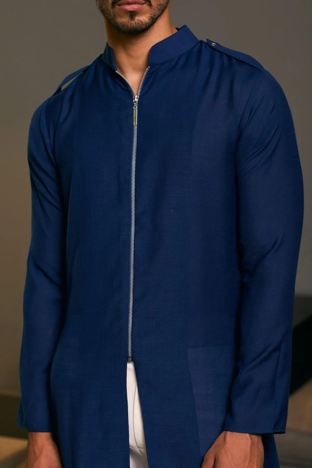 Midnight blue blended linen drape kurta