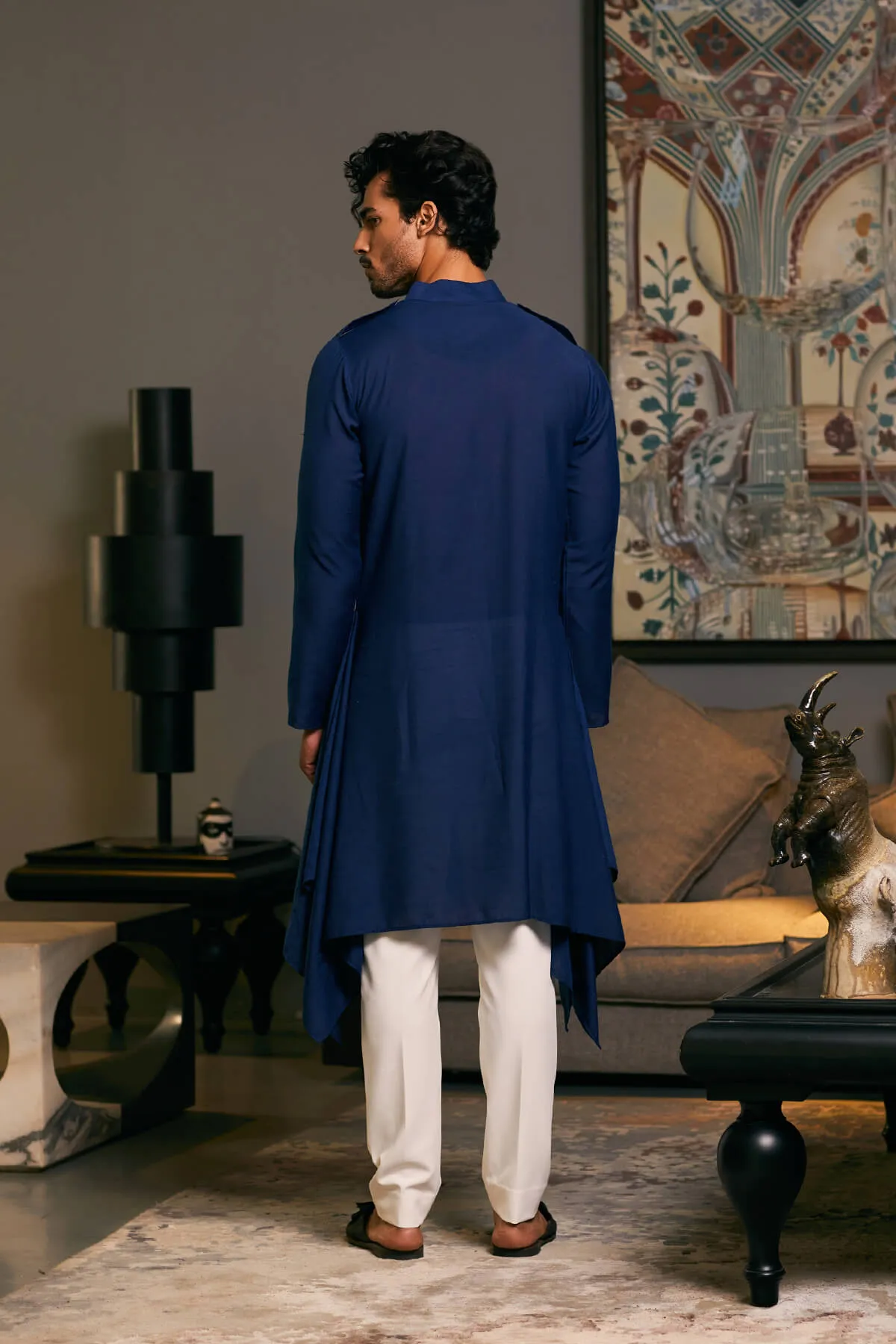 Midnight blue blended linen drape kurta