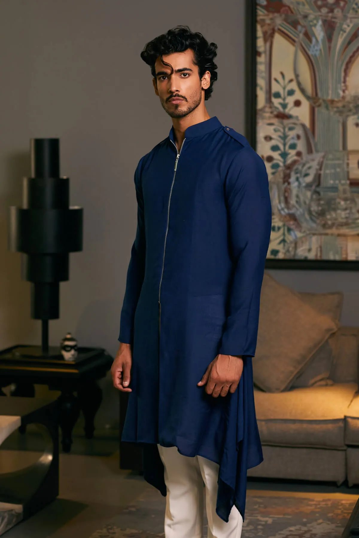Midnight blue blended linen drape kurta