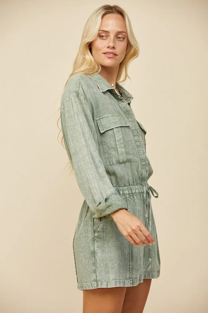MINERAL WASH LINEN ROMPER WITH ELASTIC WAIST W4416RIA