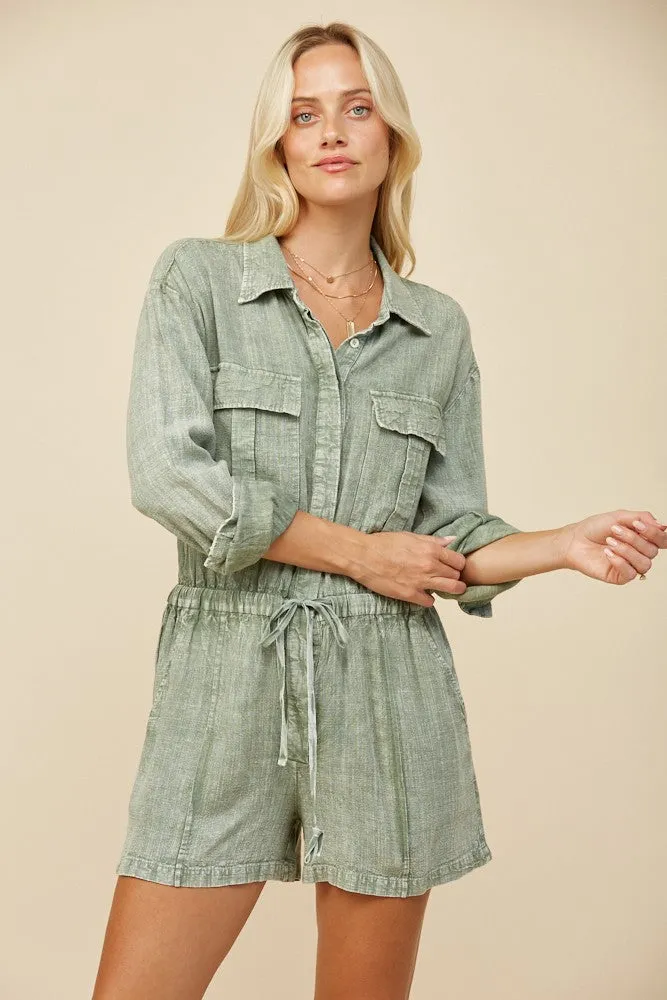 MINERAL WASH LINEN ROMPER WITH ELASTIC WAIST W4416RIA