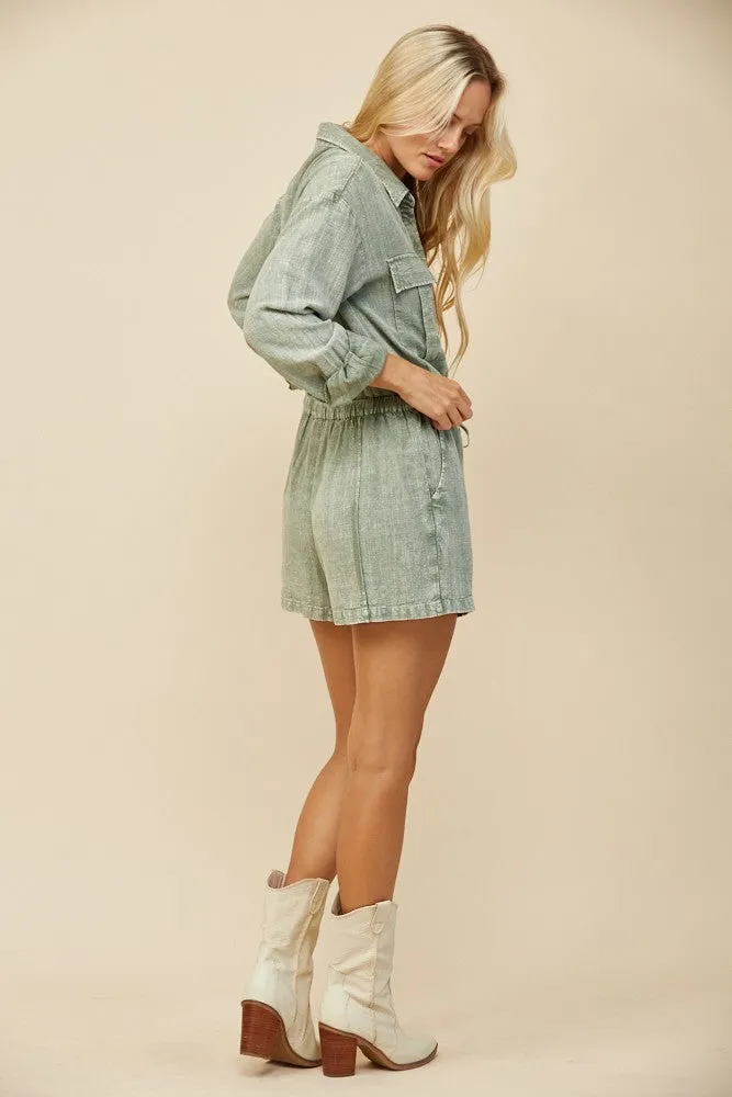 MINERAL WASH LINEN ROMPER WITH ELASTIC WAIST W4416RIA