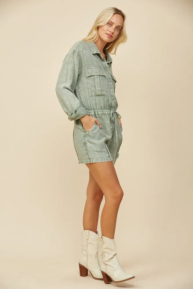 MINERAL WASH LINEN ROMPER WITH ELASTIC WAIST W4416RIA