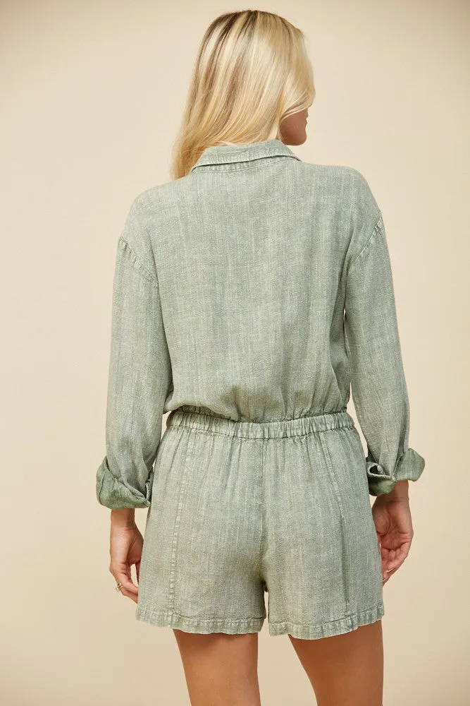 MINERAL WASH LINEN ROMPER WITH ELASTIC WAIST W4416RIA