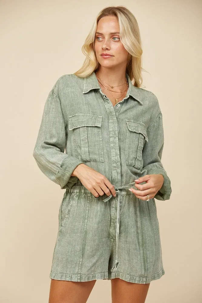MINERAL WASH LINEN ROMPER WITH ELASTIC WAIST W4416RIA