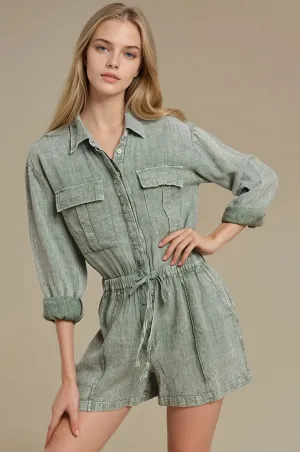 MINERAL WASH LINEN ROMPER WITH ELASTIC WAIST W4416RIA
