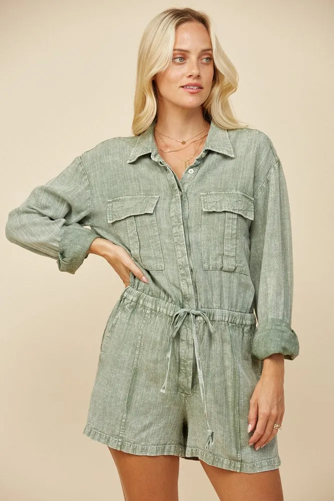 MINERAL WASH LINEN ROMPER WITH ELASTIC WAIST W4416RIA