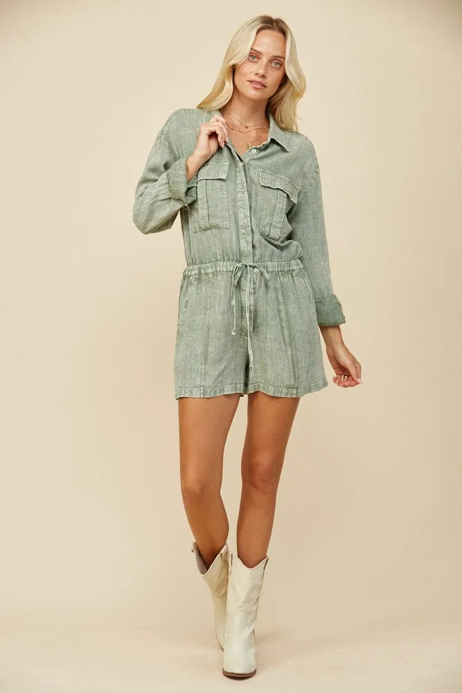 MINERAL WASH LINEN ROMPER WITH ELASTIC WAIST W4416RIA