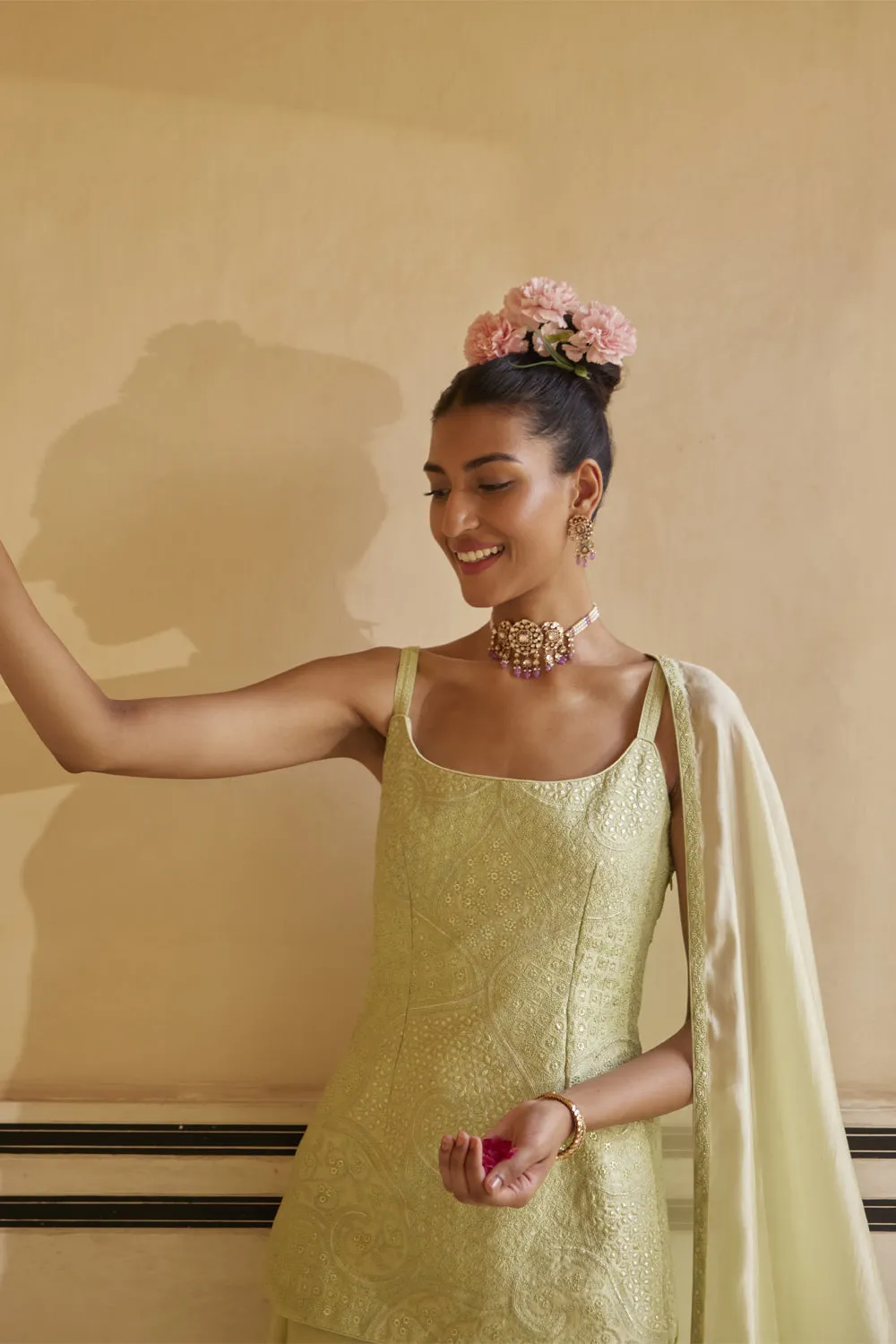 Mint Strappy Kurti Paired With Gharara & Dupatta