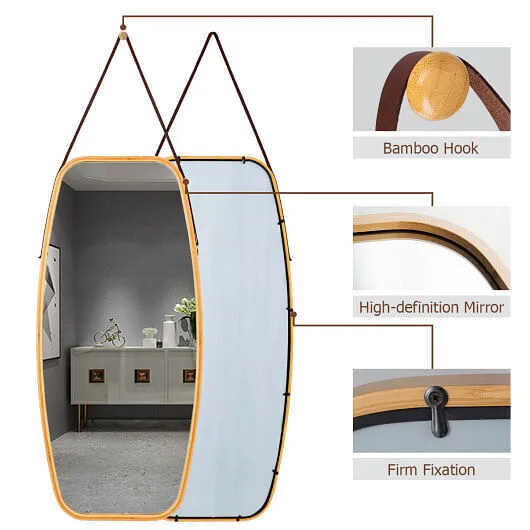 Modern Wall Mirror with Bamboo Frame and Adjustable Leather Strap