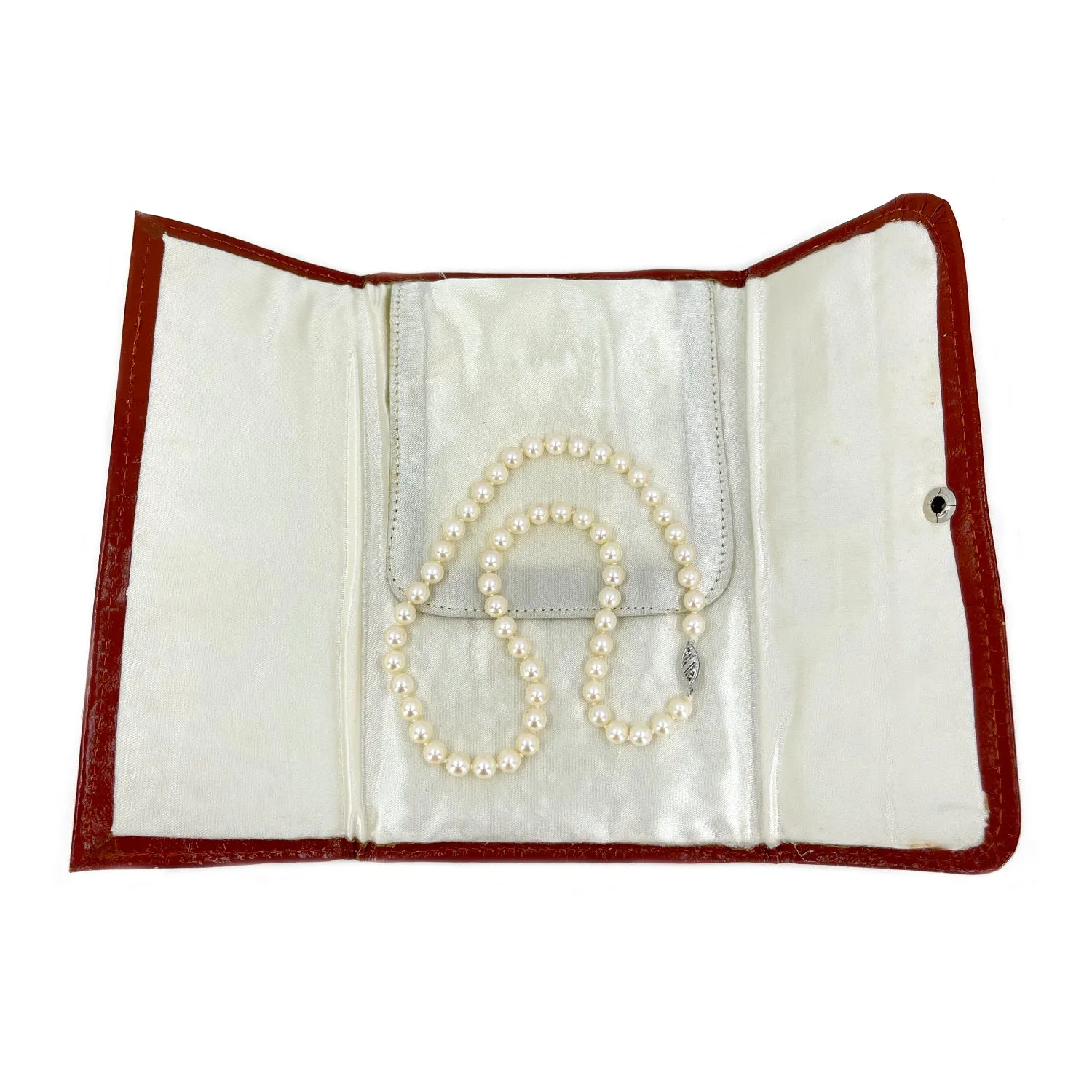 Modernist Choker Japanese Saltwater Cultured Akoya Pearl Necklace Original Leather Case- 14K White Gold 15.50 Inch