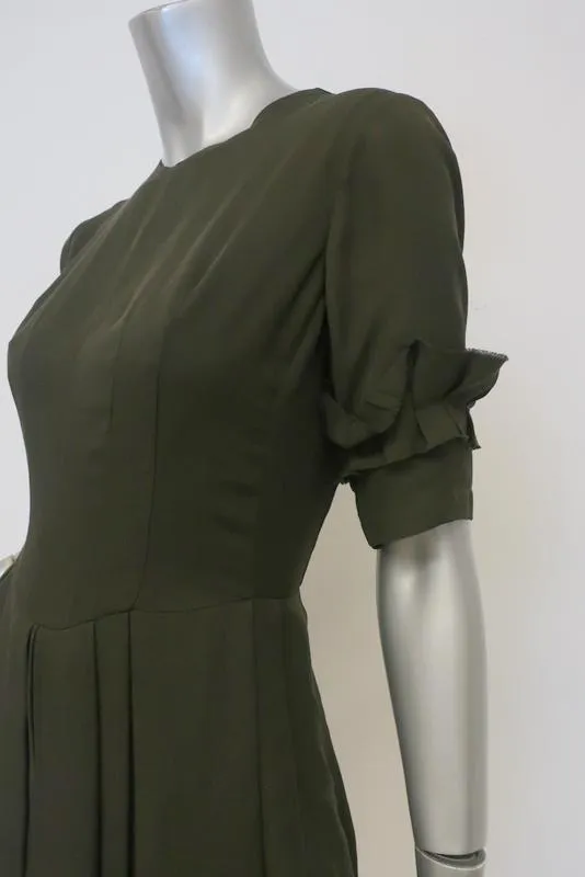 Morgane Le Fay Dress Olive Draped Silk Size Small Ruffle-Trim Short Sleeve