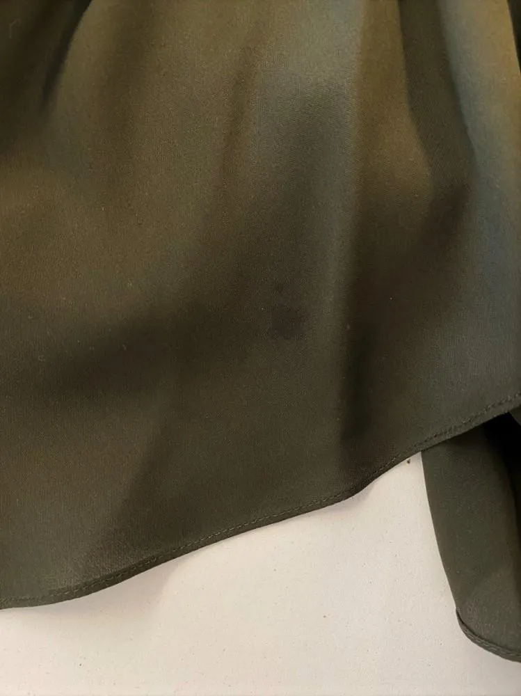 Morgane Le Fay Dress Olive Draped Silk Size Small Ruffle-Trim Short Sleeve