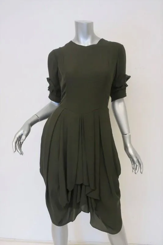 Morgane Le Fay Dress Olive Draped Silk Size Small Ruffle-Trim Short Sleeve