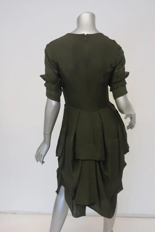 Morgane Le Fay Dress Olive Draped Silk Size Small Ruffle-Trim Short Sleeve