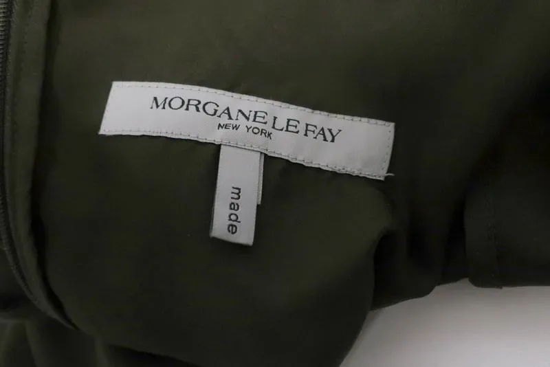 Morgane Le Fay Dress Olive Draped Silk Size Small Ruffle-Trim Short Sleeve